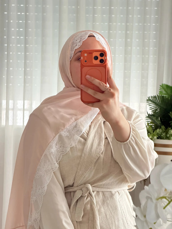 Pink scarf with white lace edge